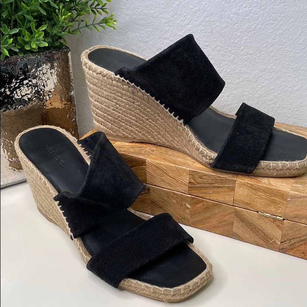 Vince Garlin Espadrille Platform Wedge‎ Slide Sandal Black Suede Size 9.5